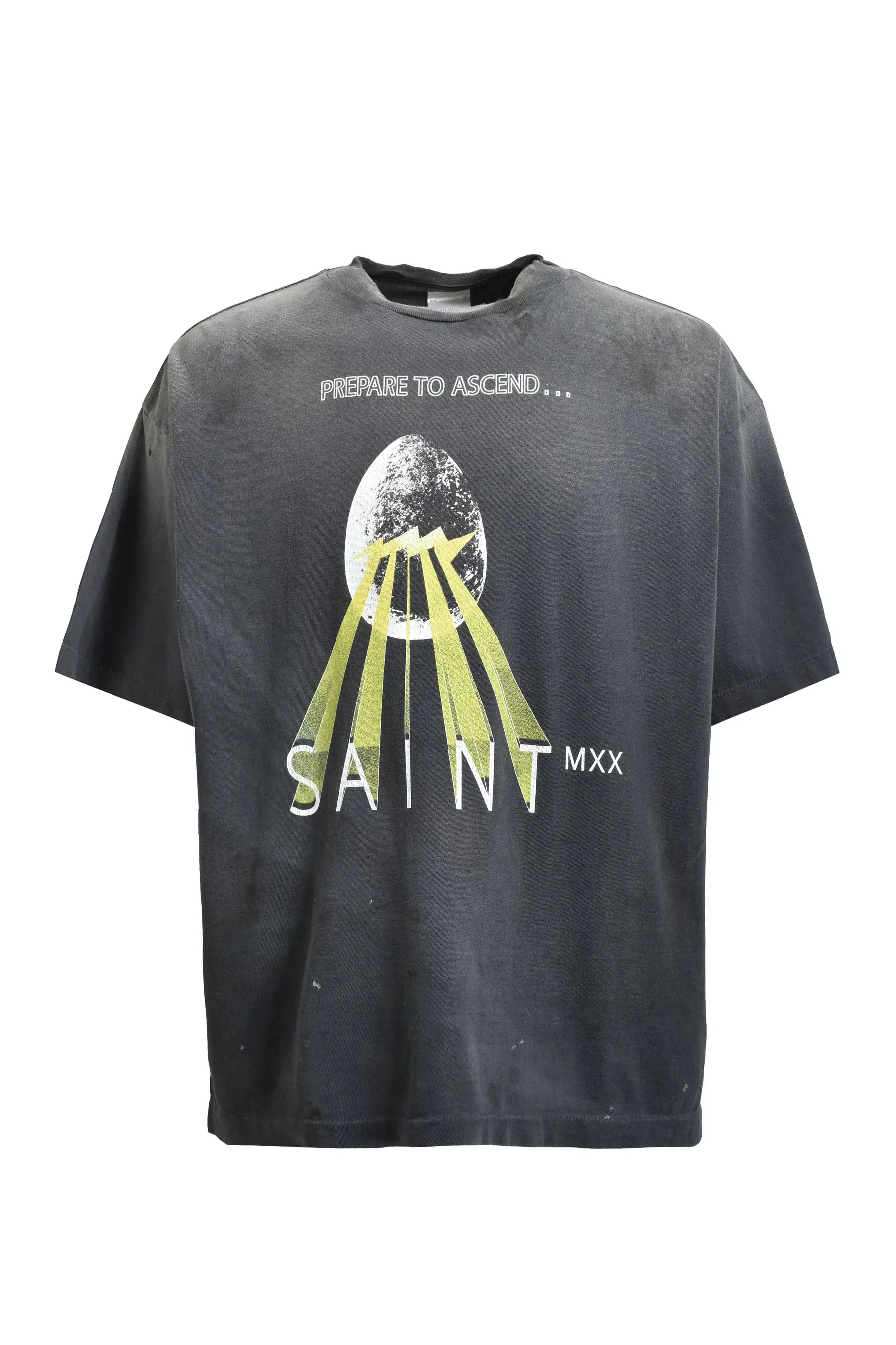 SAINT Mxxxxxx EGG SS TEE/BLK Broken egg shell/SAINT LOGO projection distressed retro short-sleeves Washed black S-XL Correct version Customized co-branded main mark/washed mark/cherub mark Tubular fabric Garment dyeing Rewashing water fading Destroying graffiti Simulating natural distressed effect Top-notch printing technology Washing treatment